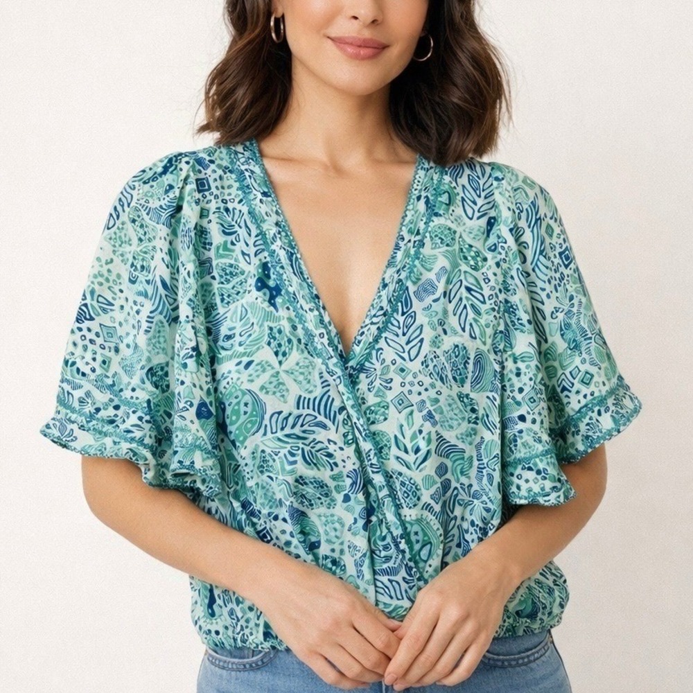 Poupette St Barth Blue Green Becca Chagal Flutter Sleeve Wrap Blouse Top Small